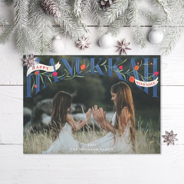 Cartes Pour Fêtes Annuelles Elégant Serif Lettré main Happy Hanoukka Photo (Créateur téléchargé)