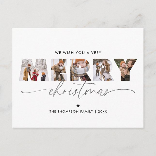 Cartes Pour Fêtes Annuelles Elégant Silver Joyeux Noël Photo Collage (Devant)