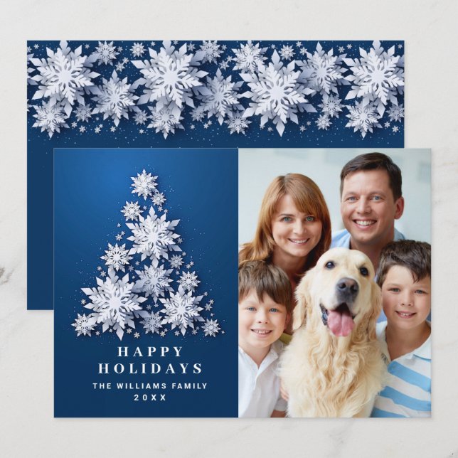 Cartes Pour Fêtes Annuelles Élégant Snowflakes Christmas Tree Photo (Devant / Derrière)