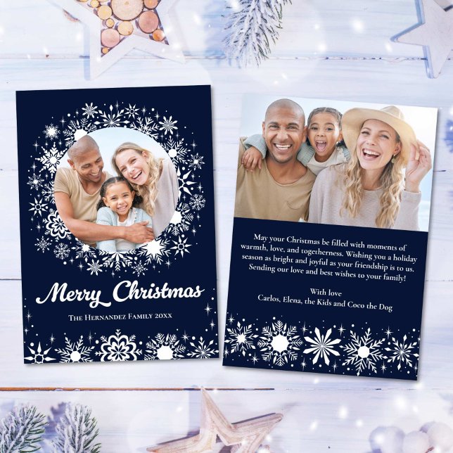 Cartes Pour Fêtes Annuelles Élégant Snowflakes Marine 2 Photo Famille Noël (Stylish Snowflakes Navy 2 Photo Family Christmas Holiday Card)