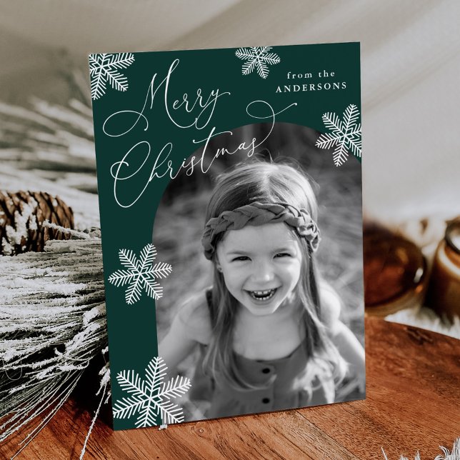 Cartes Pour Fêtes Annuelles Élégant Snowflakes Spruce Green 2 Photo (Créateur téléchargé)