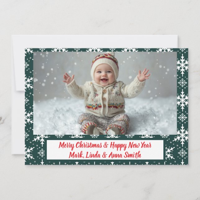 Cartes Pour Fêtes Annuelles Élégant Snowflakes vert Photo de Noël (Devant)