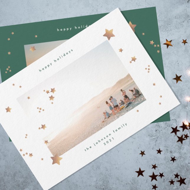 Cartes Pour Fêtes Annuelles Elégant Star Green White Noël Deux photos Happy (Créateur téléchargé)