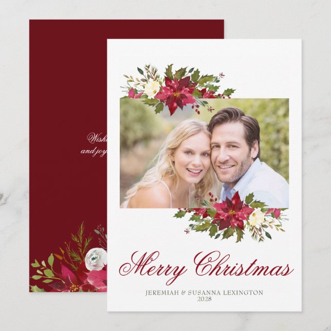 Cartes Pour Fêtes Annuelles Élégant style Noël Poinsettia photo de vacances (Devant / Derrière)