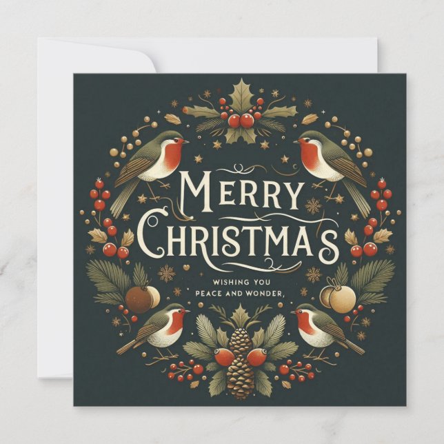 Cartes Pour Fêtes Annuelles Élégant Stylisé Robins Wreath Joyeux Noël (Devant)