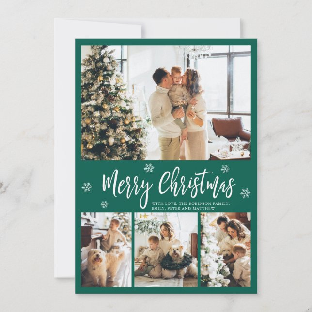 Cartes Pour Fêtes Annuelles Elégant Vert Blanc 4 Photo Collage Noël (Devant)