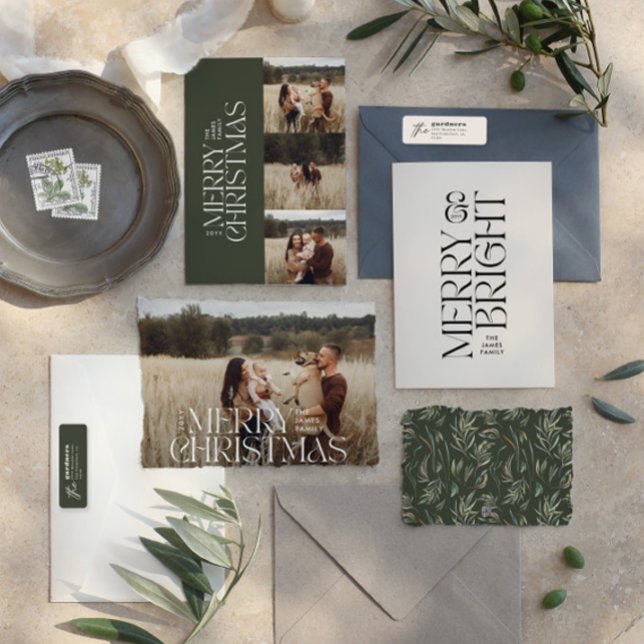 Cartes Pour Fêtes Annuelles Élégant vert moderne minimaliste multi photo botan (Créateur téléchargé)