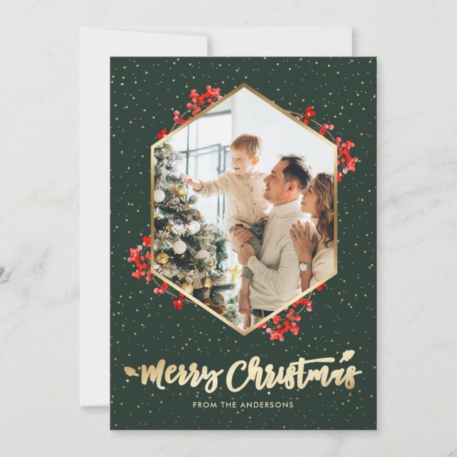 Cartes Pour Fêtes Annuelles Elégant Vert or aquarelle photo Noël (Devant)