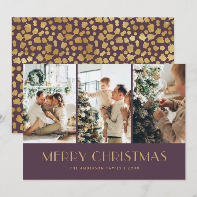 Cartes Pour Fêtes Annuelles Élégant violet et Gold Foil Stars Photo Noël (Devant / Derrière)
