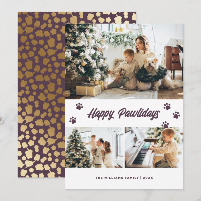 Cartes Pour Fêtes Annuelles Élégant violet Joyeux Pawlidays Gold Stars Photo (Devant / Derrière)