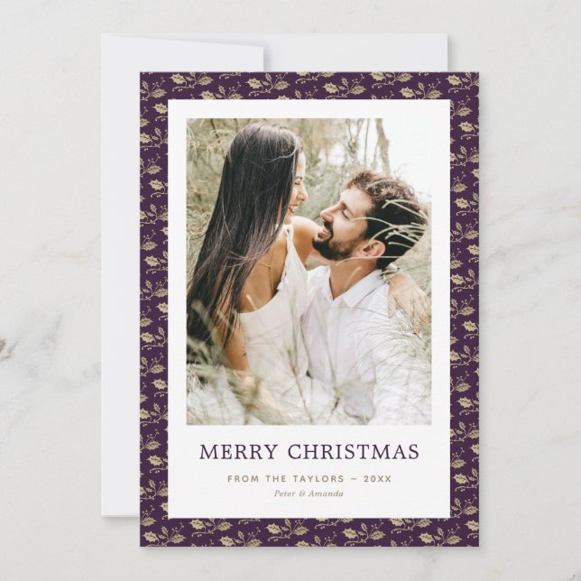 Cartes Pour Fêtes Annuelles Élégant violet or Holly photo Joyeux Noël (Devant)