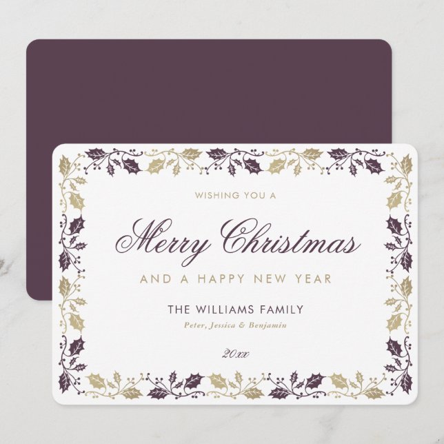 Cartes Pour Fêtes Annuelles Élégant violet or Joyeux Noël Bonne année (Devant / Derrière)