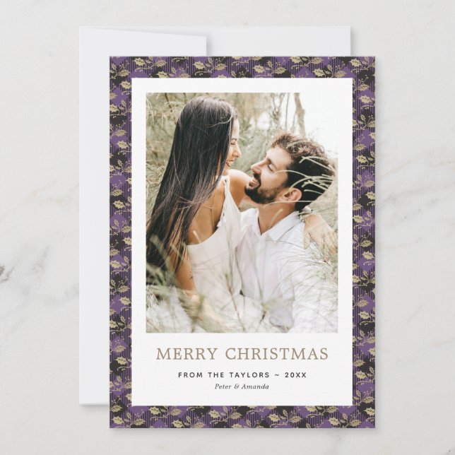 Cartes Pour Fêtes Annuelles Élégant violet or Plaid Holly Photo Noël (Devant)
