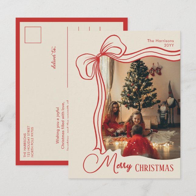 Cartes Pour Fêtes Annuelles Elegant Whimsical Hand Drawn Red Bow Christmas (Devant / Derrière)