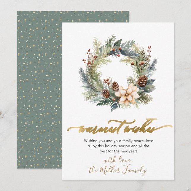 Cartes Pour Fêtes Annuelles Élégant Wis les plus chauds Script Wreath Verdure (Devant / Derrière)