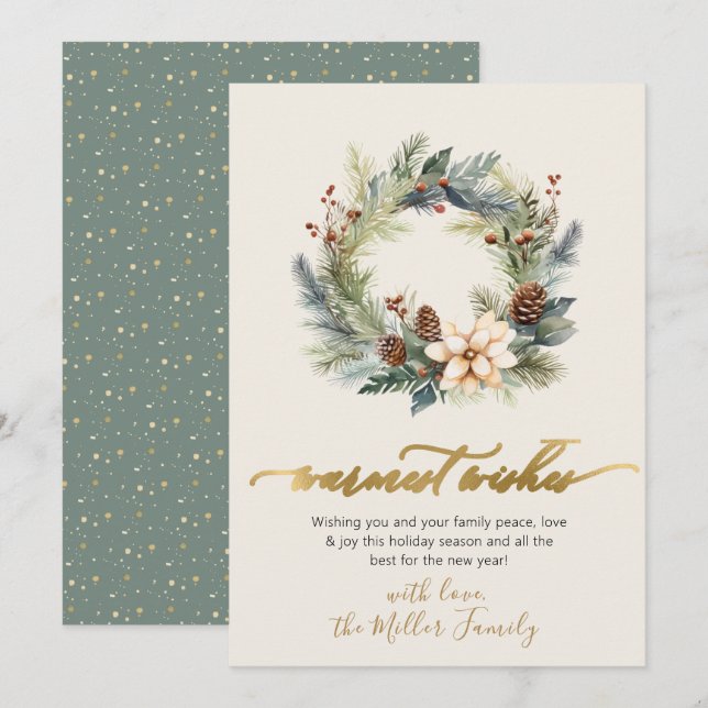 Cartes Pour Fêtes Annuelles Elégant Wiscings les plus chauds Gold Script Wreat (Devant / Derrière)