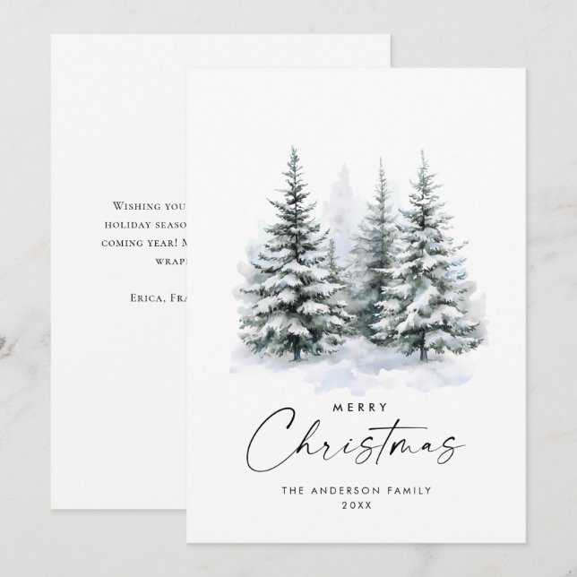 Cartes Pour Fêtes Annuelles Elégante aquarelle Arbre de pin de Noël d'hiver (Devant / Derrière)