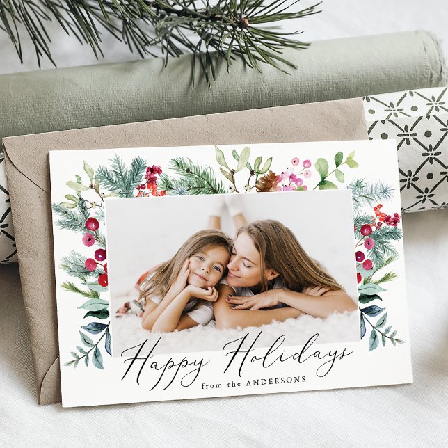 Cartes Pour Fêtes Annuelles Elégante aquarelle Baies pourpres et verdure Photo (Créateur téléchargé)
