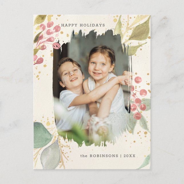 Cartes Pour Fêtes Annuelles Elégante aquarelle Berries d'hiver et verdure Phot (Devant)