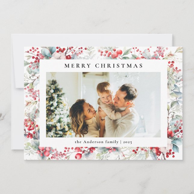 Cartes Pour Fêtes Annuelles Elégante aquarelle Berries Joyeux Noël Photo (Devant)