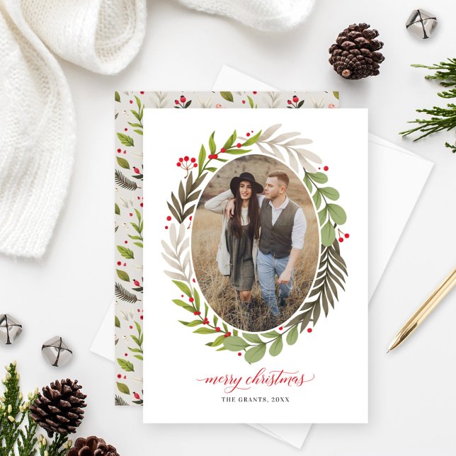 Cartes Pour Fêtes Annuelles Elégante aquarelle de Noël Verdure Photo ovale (Créateur téléchargé)