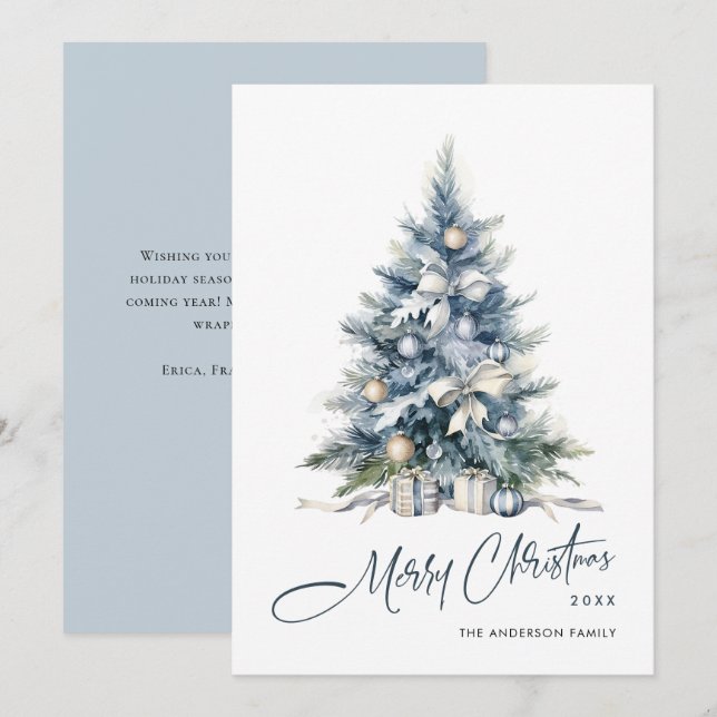 Cartes Pour Fêtes Annuelles Elégante aquarelle Dusty Blue sapin de Noël (Devant / Derrière)