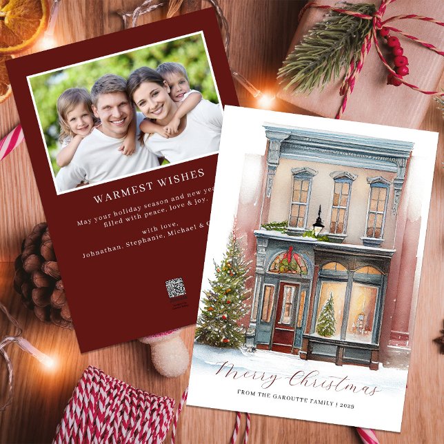 Cartes Pour Fêtes Annuelles Elégante aquarelle festive Photo Joyeux Noël (Merry Christmas Winter Watercolor Photo Burgundy Holiday Card)