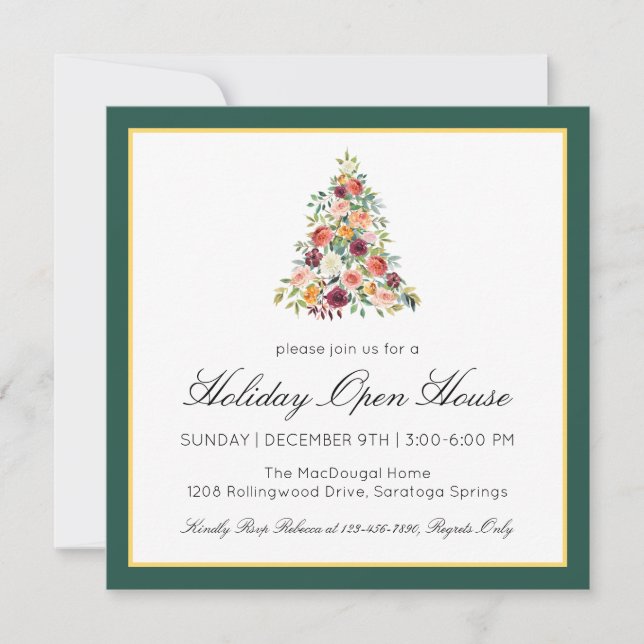 Cartes Pour Fêtes Annuelles Elégante aquarelle Floral Tree Holiday Open House (Devant)