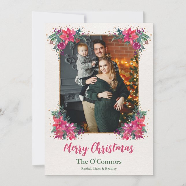 Cartes Pour Fêtes Annuelles Elégante aquarelle florale Boho Photo de Noël (Devant)