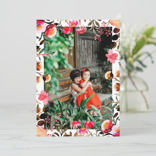 Cartes Pour Fêtes Annuelles Elégante aquarelle Florale verdure Photo Rose roug (Debout devant)