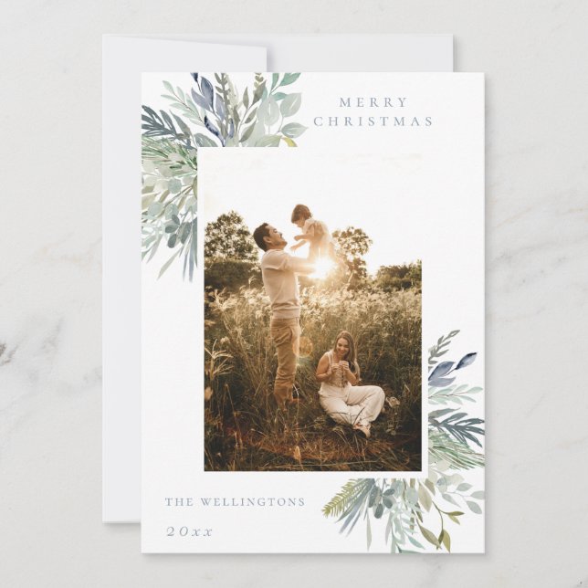 Cartes Pour Fêtes Annuelles Elégante aquarelle Foliage d'hiver Photo unique (Devant)