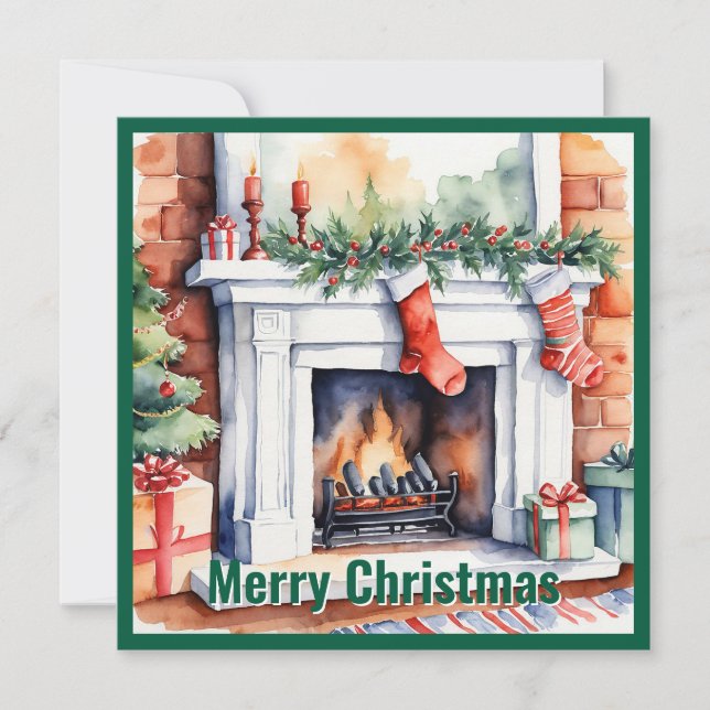 Cartes Pour Fêtes Annuelles Elégante aquarelle non photo cheminée de Noël (Devant)