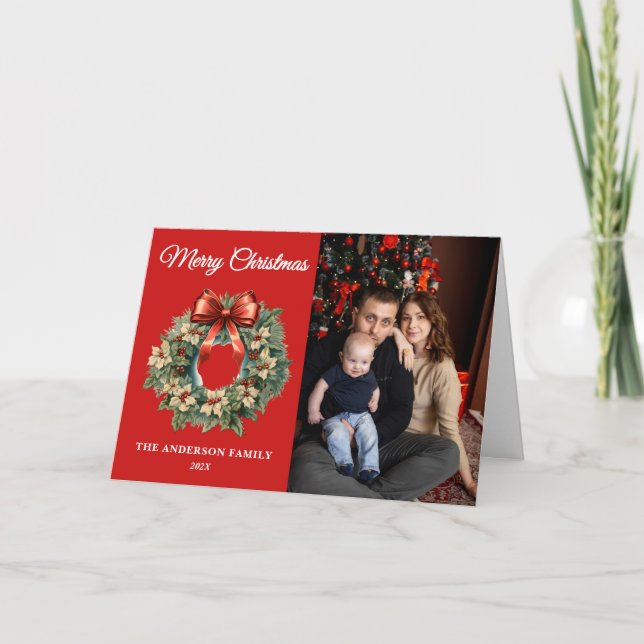 Cartes Pour Fêtes Annuelles Elégante aquarelle photo de couronne de Noël (Devant)