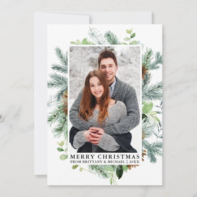 Cartes Pour Fêtes Annuelles Elégante aquarelle Pine Frame Couple Photo (Devant)