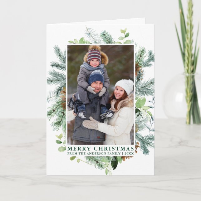 Cartes Pour Fêtes Annuelles Elégante aquarelle Pine Frame Famille Plier Vert (Devant)