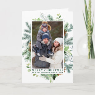 Cartes Pour Fêtes Annuelles Elégante aquarelle Pine Frame Famille Plier Vert