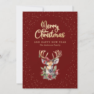 Cartes Pour Fêtes Annuelles Elégante Aquarelle Rouge Or Cerf Neige