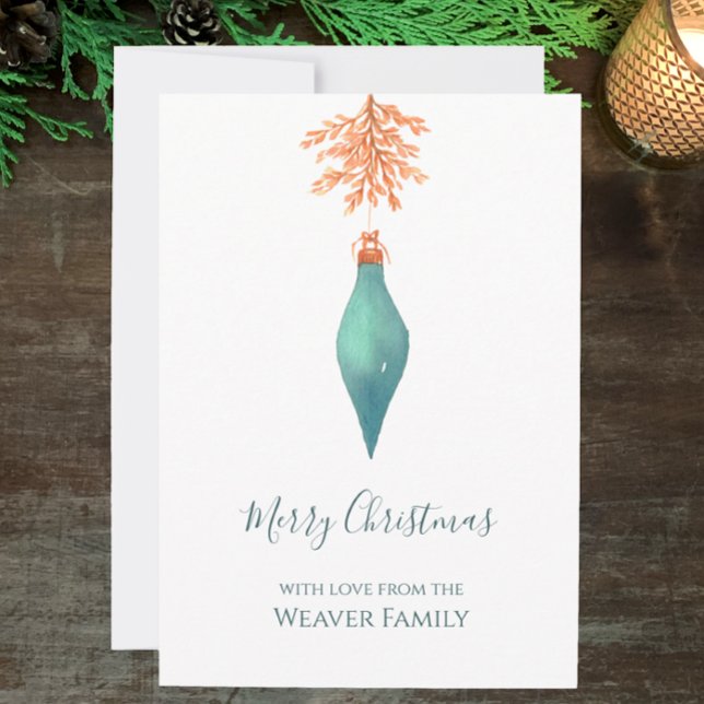 Cartes Pour Fêtes Annuelles Elégante aquarelle Turquoise Noël Bauble (Hand painted watercolor, aqua teal minimalistic Christmas card. Personalize elegant script. )