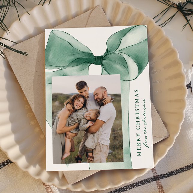 Cartes Pour Fêtes Annuelles Elégante aquarelle verte Bow 3 photo (Créateur téléchargé)