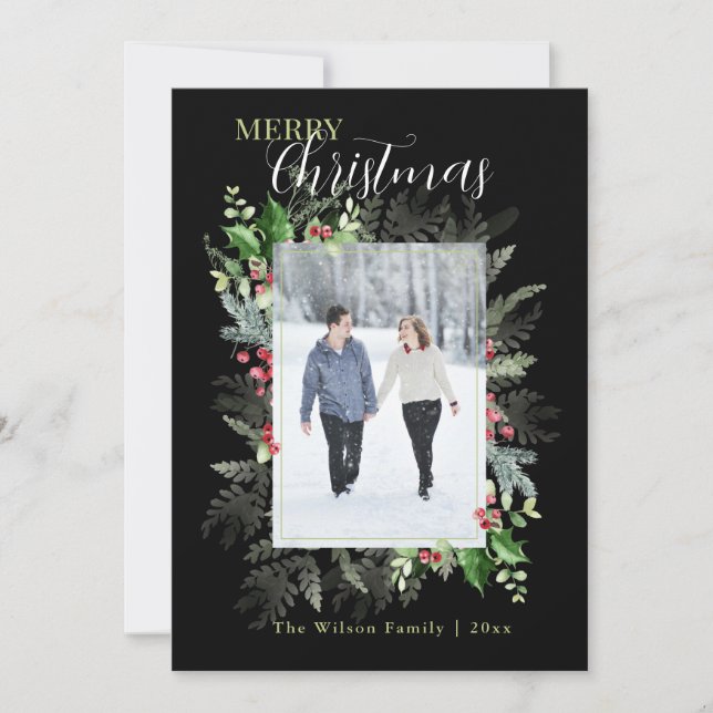 Cartes Pour Fêtes Annuelles Elégante aquarelle verte Photo Joyeux Noël (Devant)
