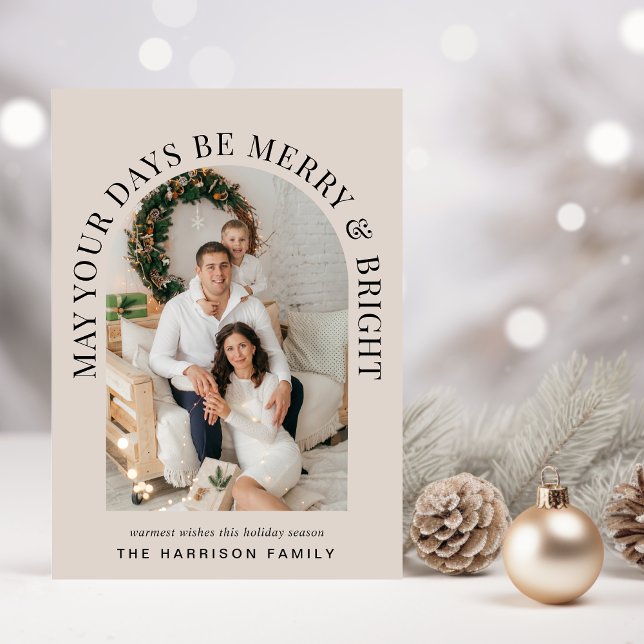 Cartes Pour Fêtes Annuelles Elégante Arc Photo Joyeux Bright Taupe Noël (Share the love and warmth of the season with a personalized elegant arch photo Christmas card)