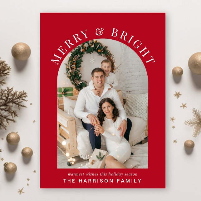 Cartes Pour Fêtes Annuelles Elégante Arc Photo Joyeux Noël Rouge brillant (Créateur téléchargé)
