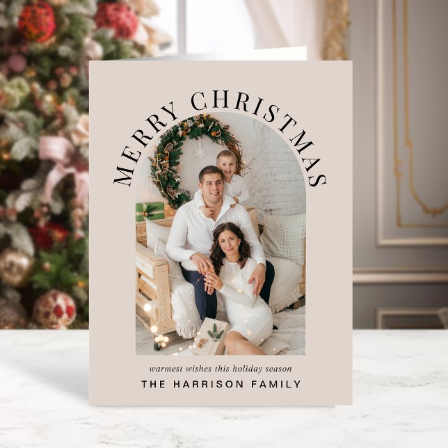Cartes Pour Fêtes Annuelles Elégante Arc Photo Joyeux Noël Taupe (Share the love and warmth of the season with an elegant arch photo Christmas card)