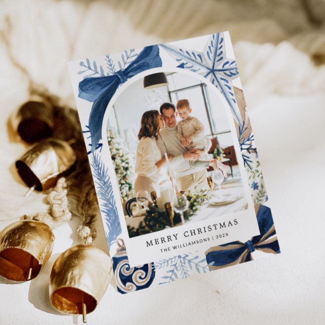 Cartes Pour Fêtes Annuelles Elégante Arche en aquarelle Bleu Royal Photo Noël (Elegant Royal Blue Family Photo Christmas Card)