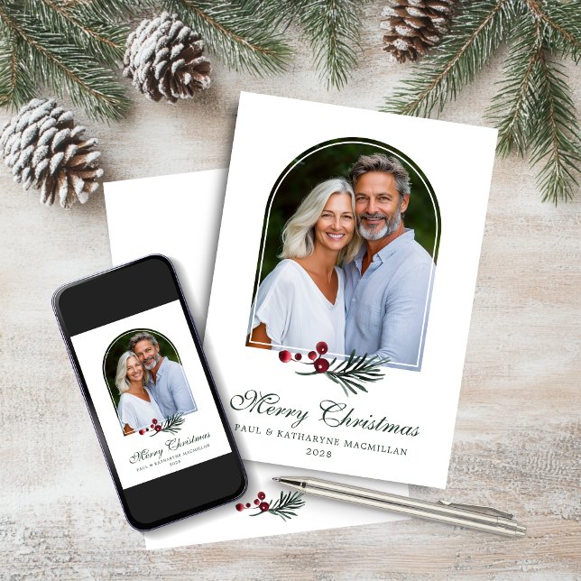 Cartes Pour Fêtes Annuelles Élégante Arche hiver verdure Photo de Noël (Elegant Arch Winter Greenery Christmas Photo Holiday Card)