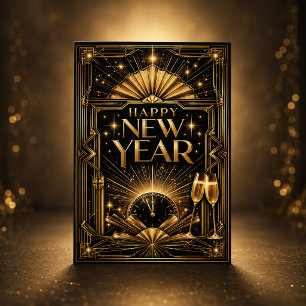 Cartes Pour Fêtes Annuelles Élégante Art Déco Bonne Année en Or