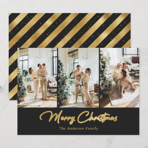 Cartes Pour Fêtes Annuelles Elégante Black and Gold Foil Photo Joyeux Noël