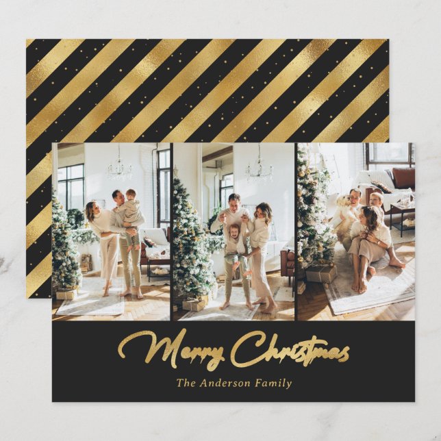 Cartes Pour Fêtes Annuelles Elégante Black and Gold Foil Photo Joyeux Noël (Devant / Derrière)