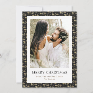 Cartes Pour Fêtes Annuelles Élégante Black Gold Holly Photo Joyeux Noël