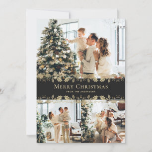 Cartes Pour Fêtes Annuelles Élégante Black Gold Holly Photo Joyeux Noël